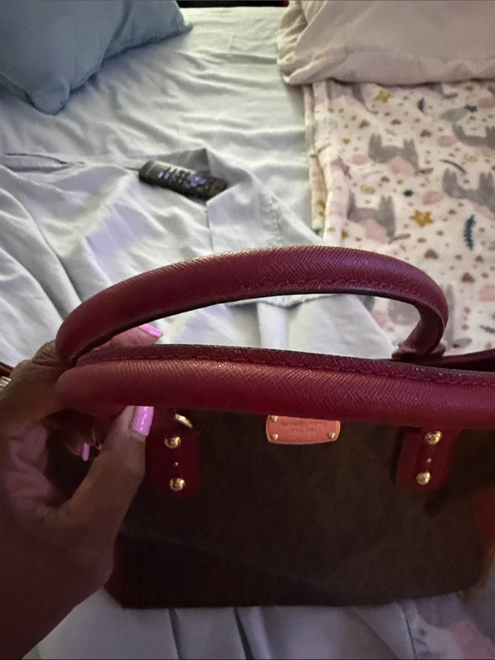 Michael Kors Brown Signature Tote with Red Leather Trim